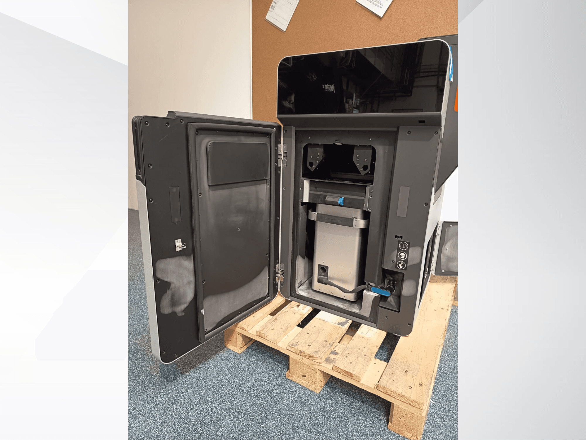 FORMLABS Fuse 1 plastic 3D printer, side view with open door revealing internal components and control panel.