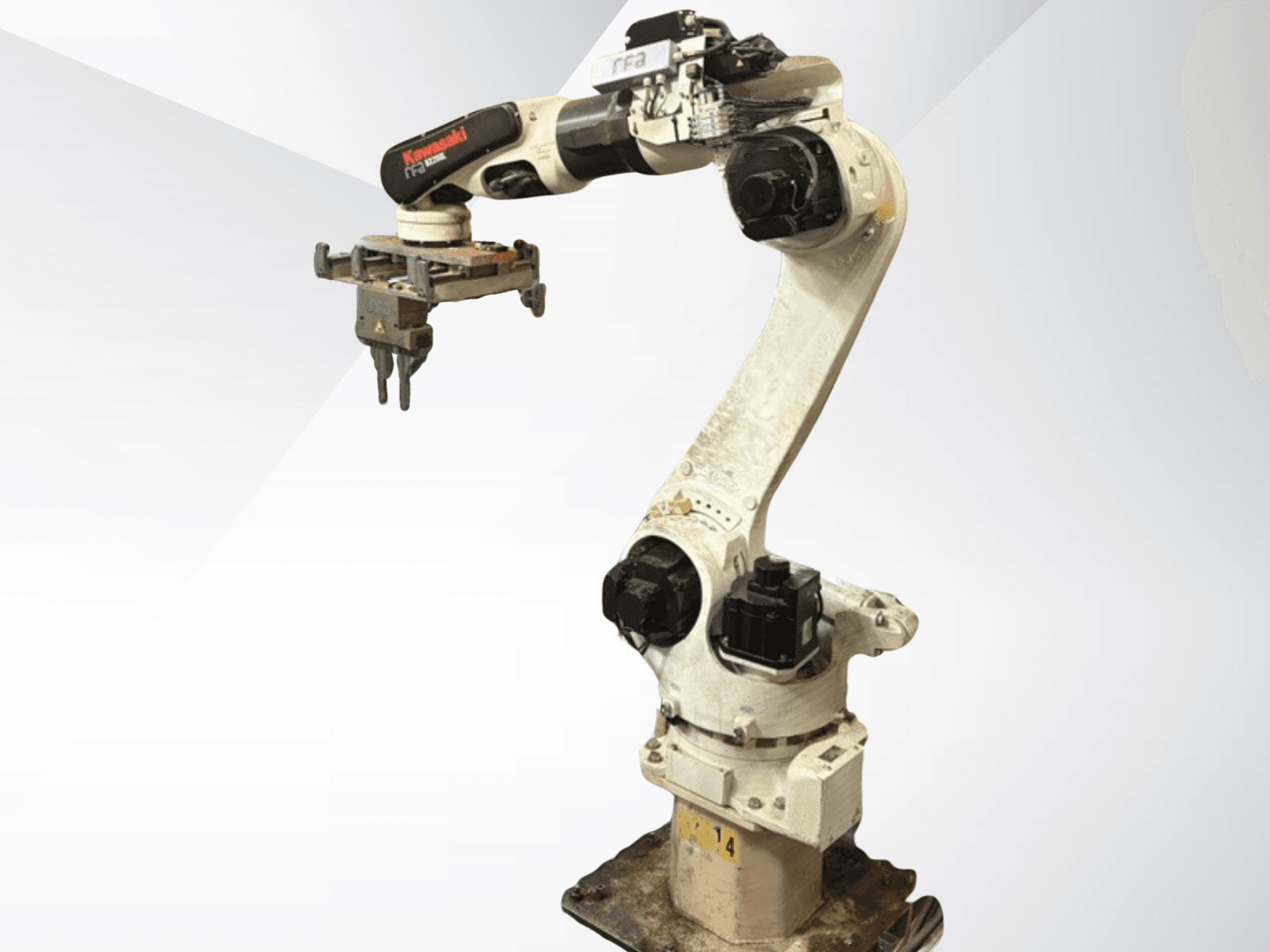 Kawasaki E42F-A001 robot arm in side view, featuring a gripper attached at the end. Visible rotating joints and power connectors.