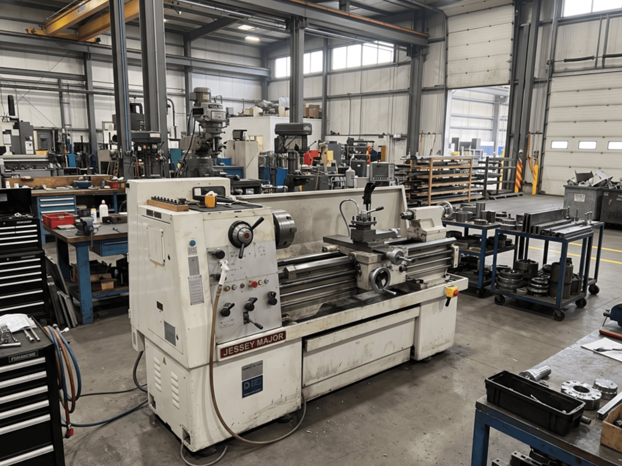 JESSEY MJ1840 horizontal turning machine in a workshop, side view, showcasing controls and lathe with tools nearby.
