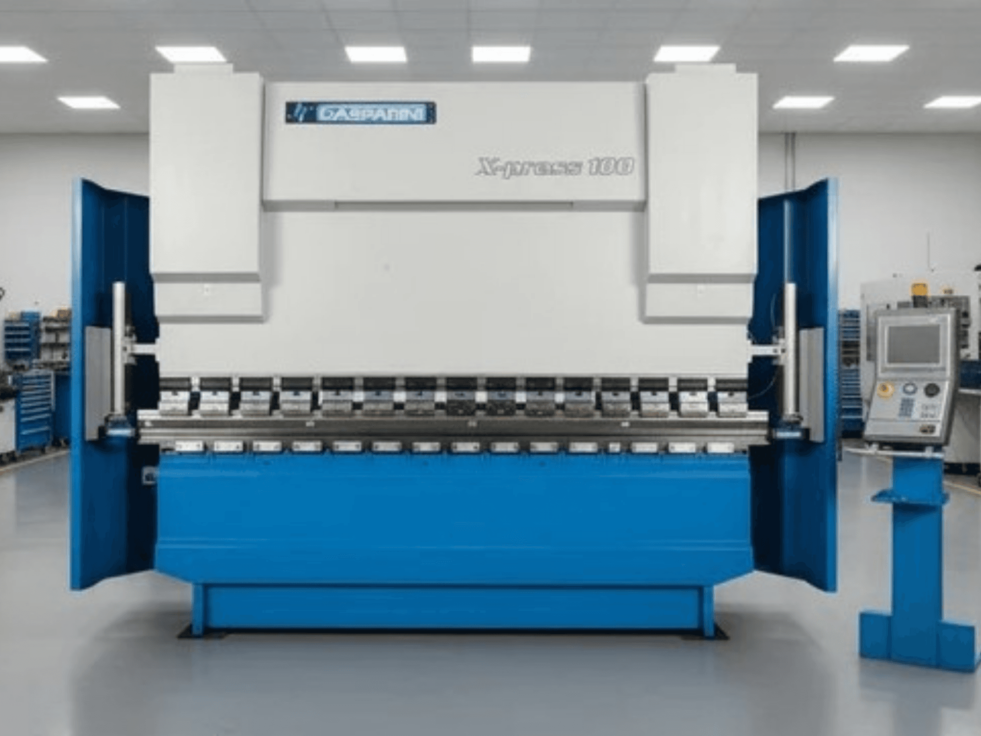 GASPARINI X-Press 100 hydraulic press, front view, with blue exterior and control panel on the right side.