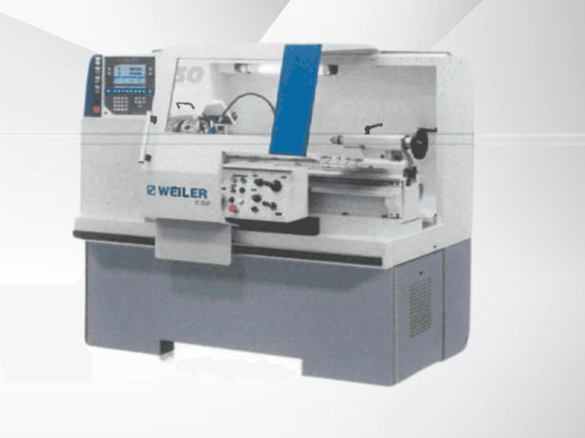 Horizontal turning machine Weiler C30X 750 in a front view, featuring a control panel and operational components visible.