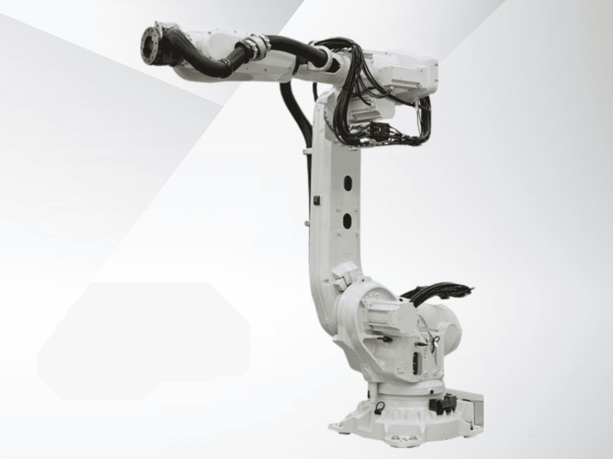 ABB IRB 6700-245/3.00 robot arm in front view, showcasing a white streamlined design with cables and motors attached.
