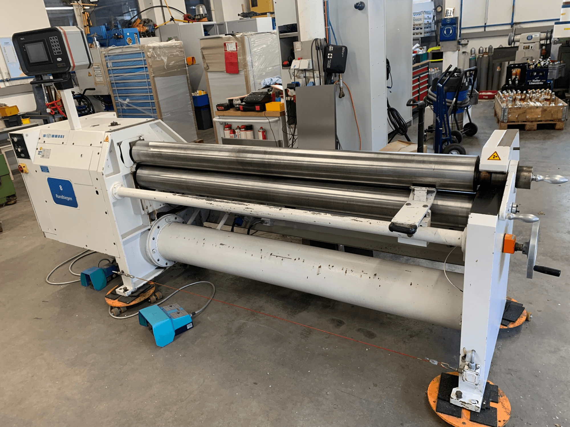 Plate rolling machine FASTI model 136-20-4.5 shown from a side view, featuring silver rollers and control panel.