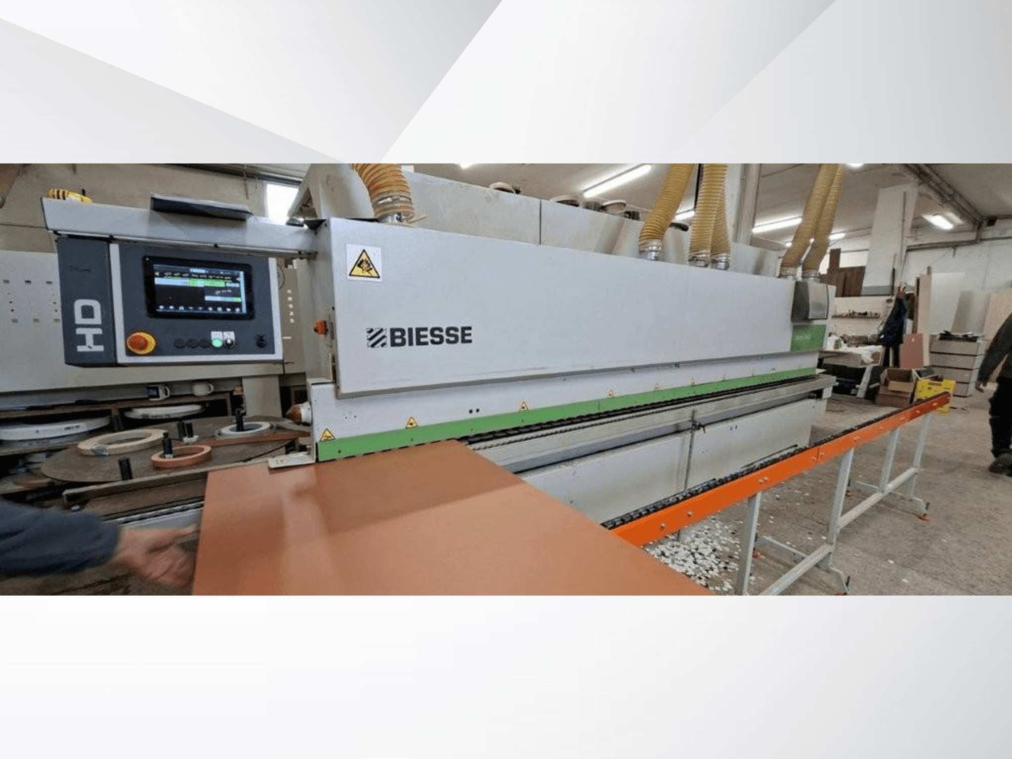 BIESSE JADE 340 edgebander in a workshop, front view with digital control panel and orange feeding table.