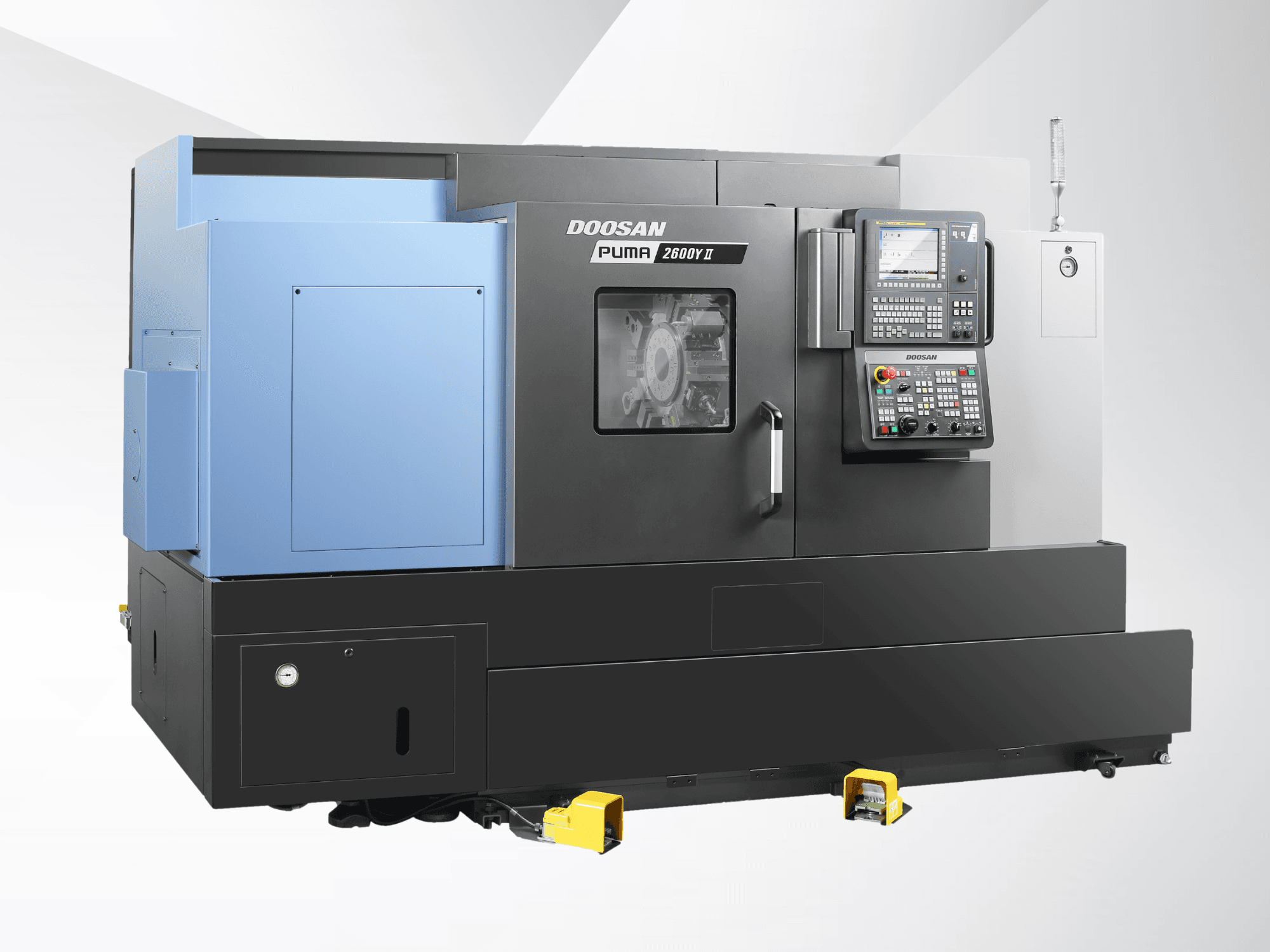 Front view of DN SOLUTIONS PUMA 2600Y II Mill-Turn Centre showing control panel and machine casing details.