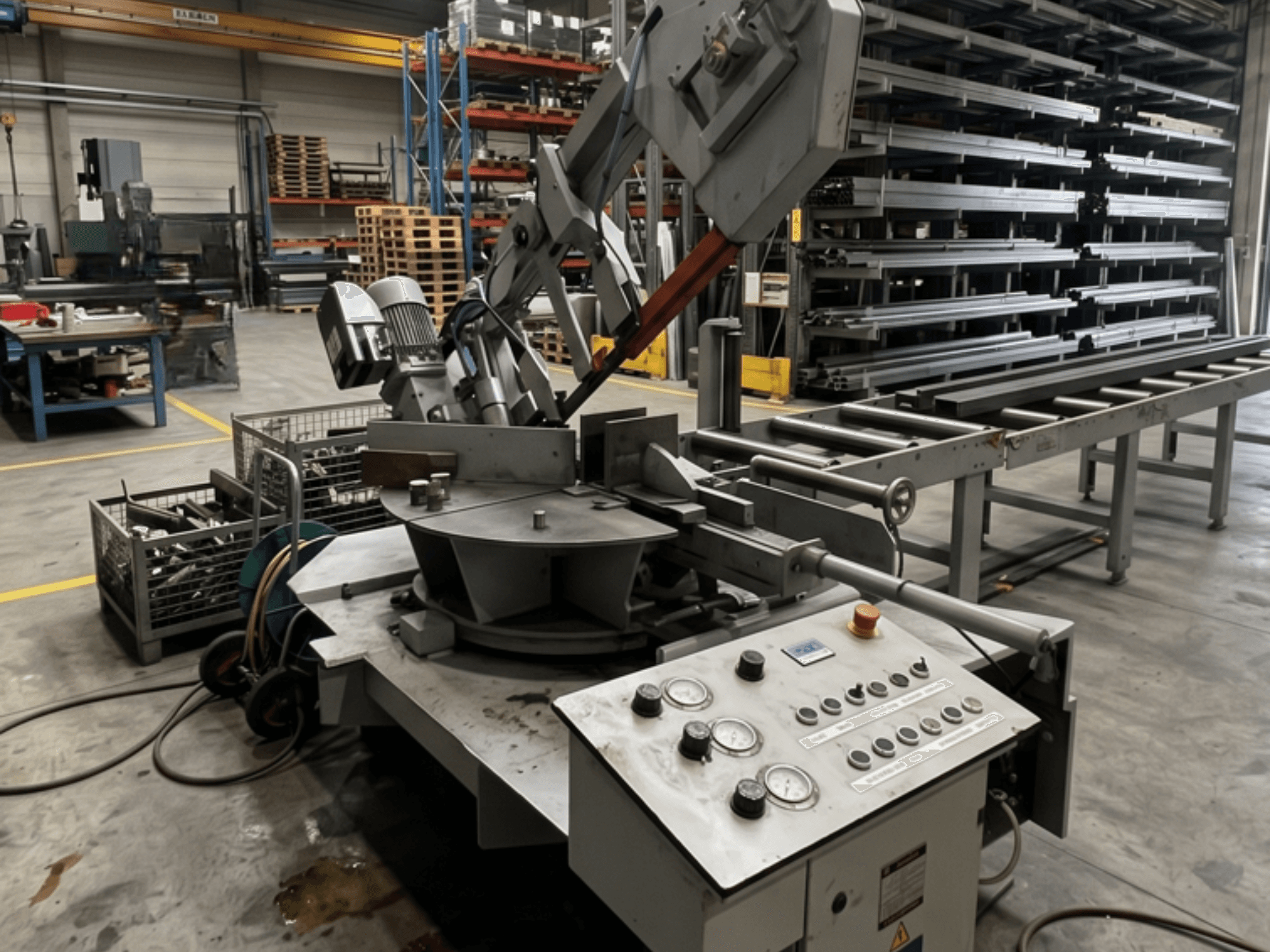 Metal band saw MEBA MEBASwing 320 DG in a workshop, viewed from the side, with control panel and cutting blade visible.