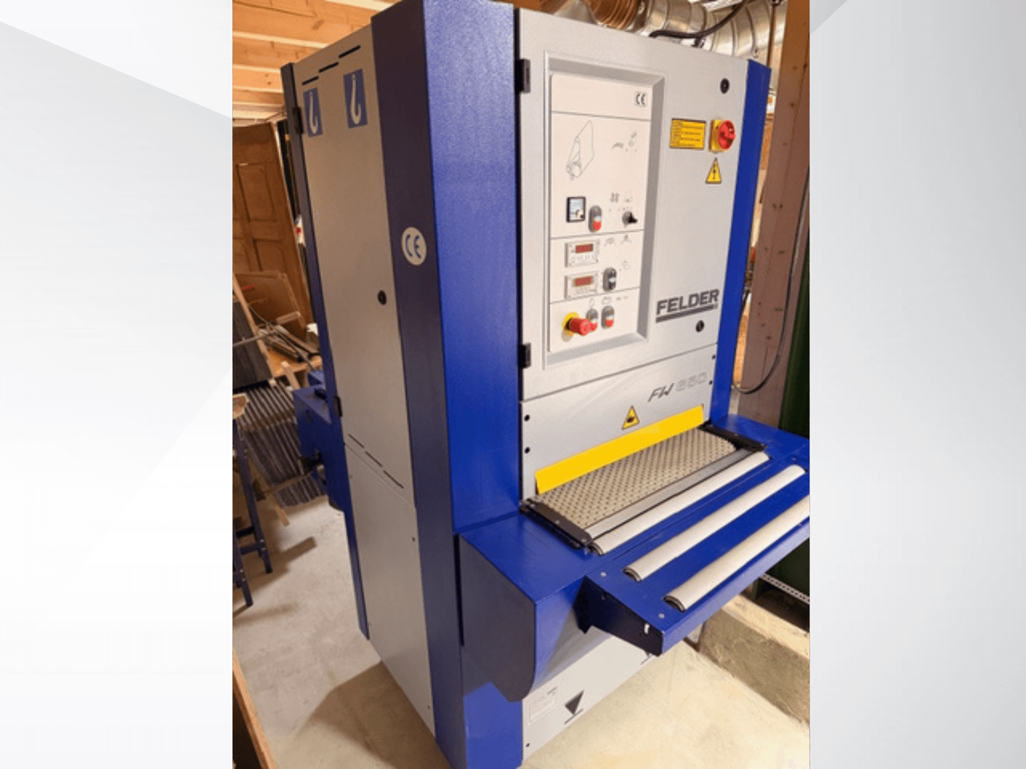 Felder FH 930 planer, front view, with control panel, safety features, and infeed/outfeed rollers visible.