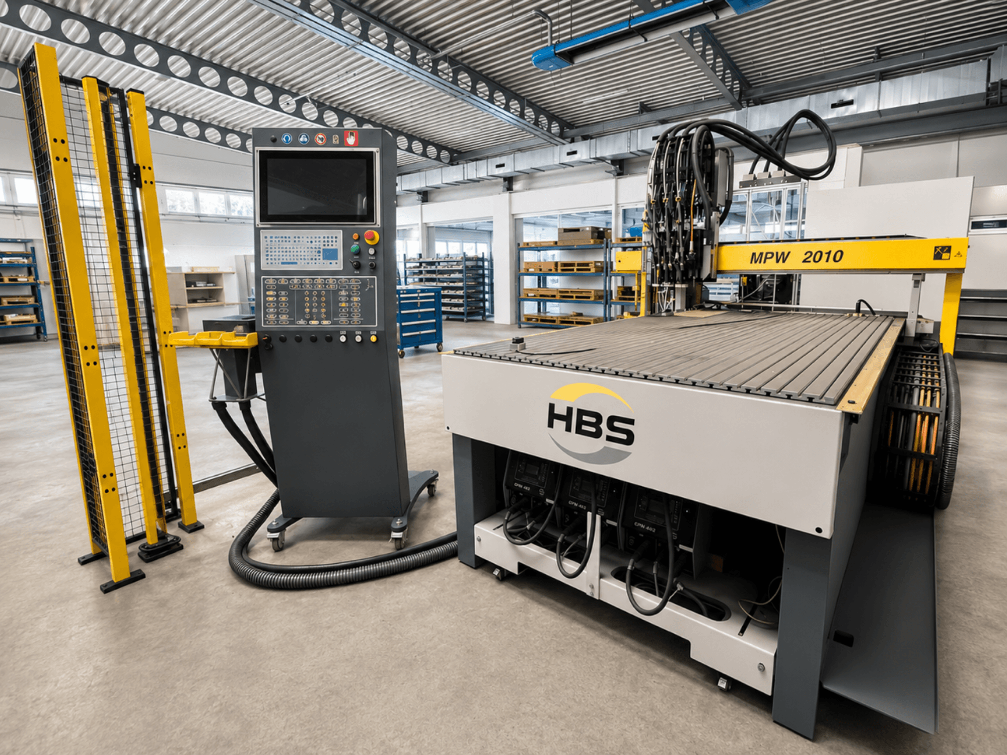 HBS MPW 2010 sheet metal machine in front view, featuring a control panel and industrial design for precise metal cutting.