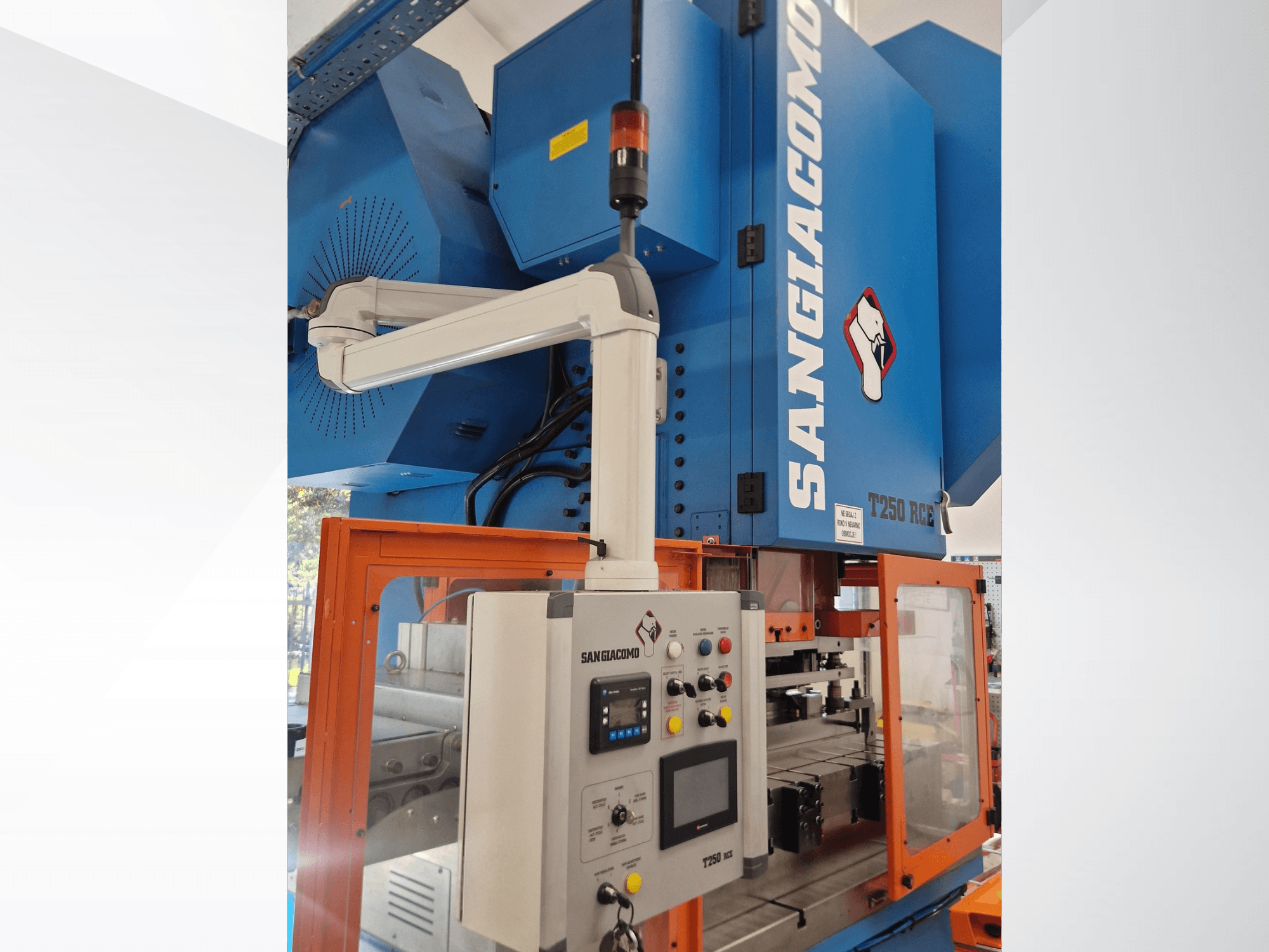 SANGIACOMO T250 RCE mechanical stamping press, front view with control panel and safety guard visible, showcasing operational elements.