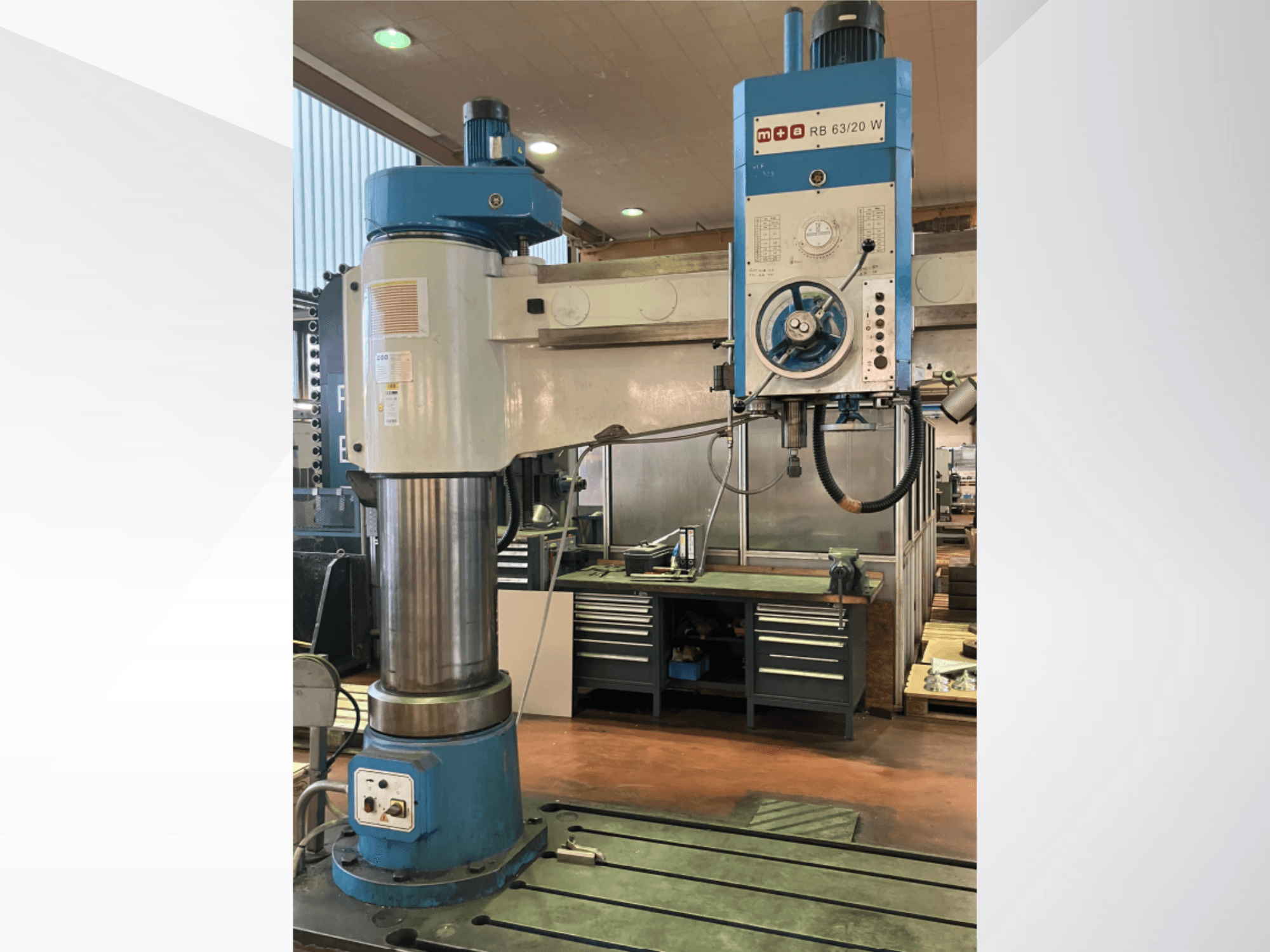 M+A RB 63/20 W drilling machine for metal, front view, featuring a large vertical column and control panel with dials and switches.