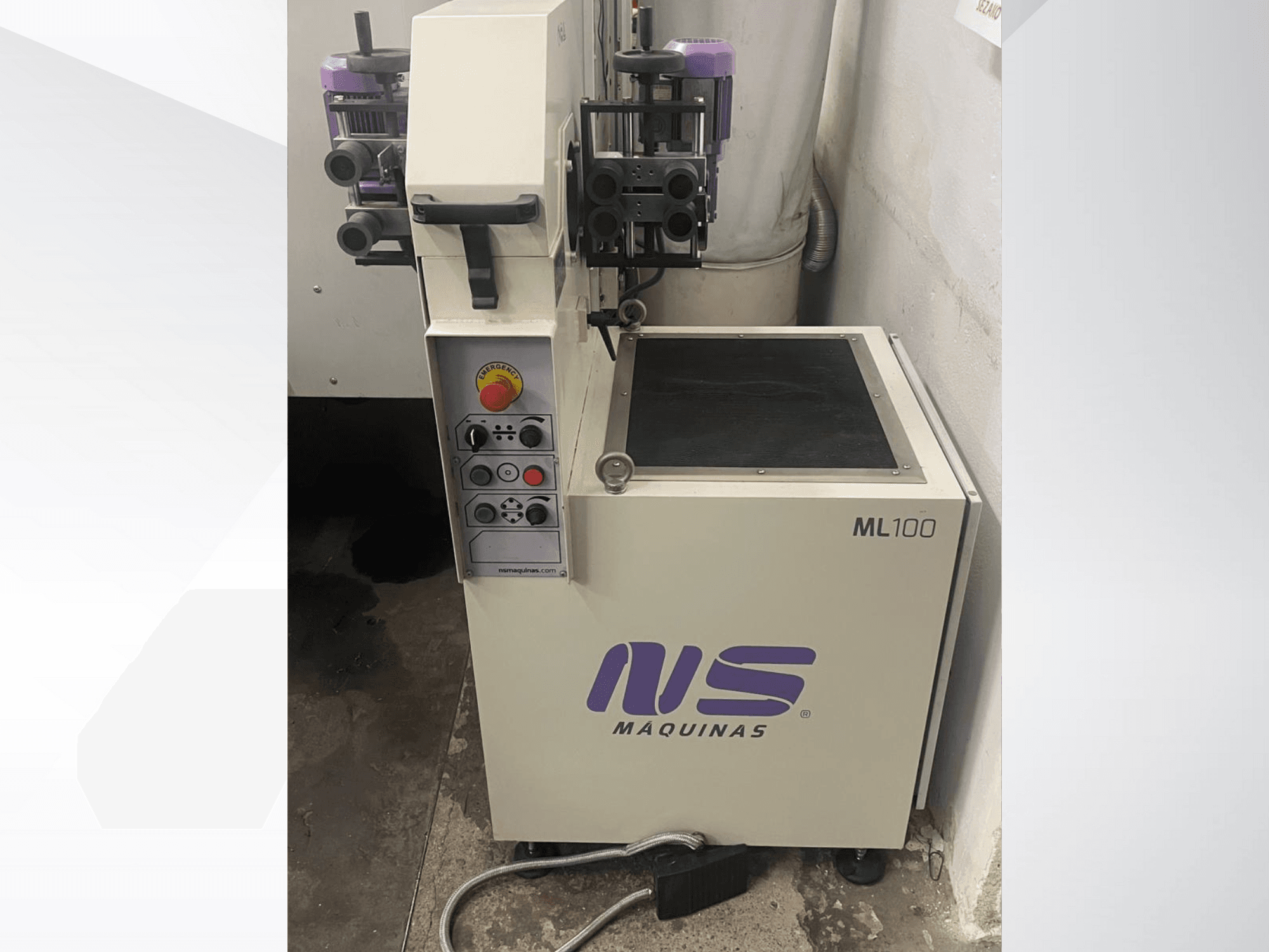ML100 machine by MS Maquinas, front view, featuring control panel with buttons and pedal, defined work surface.