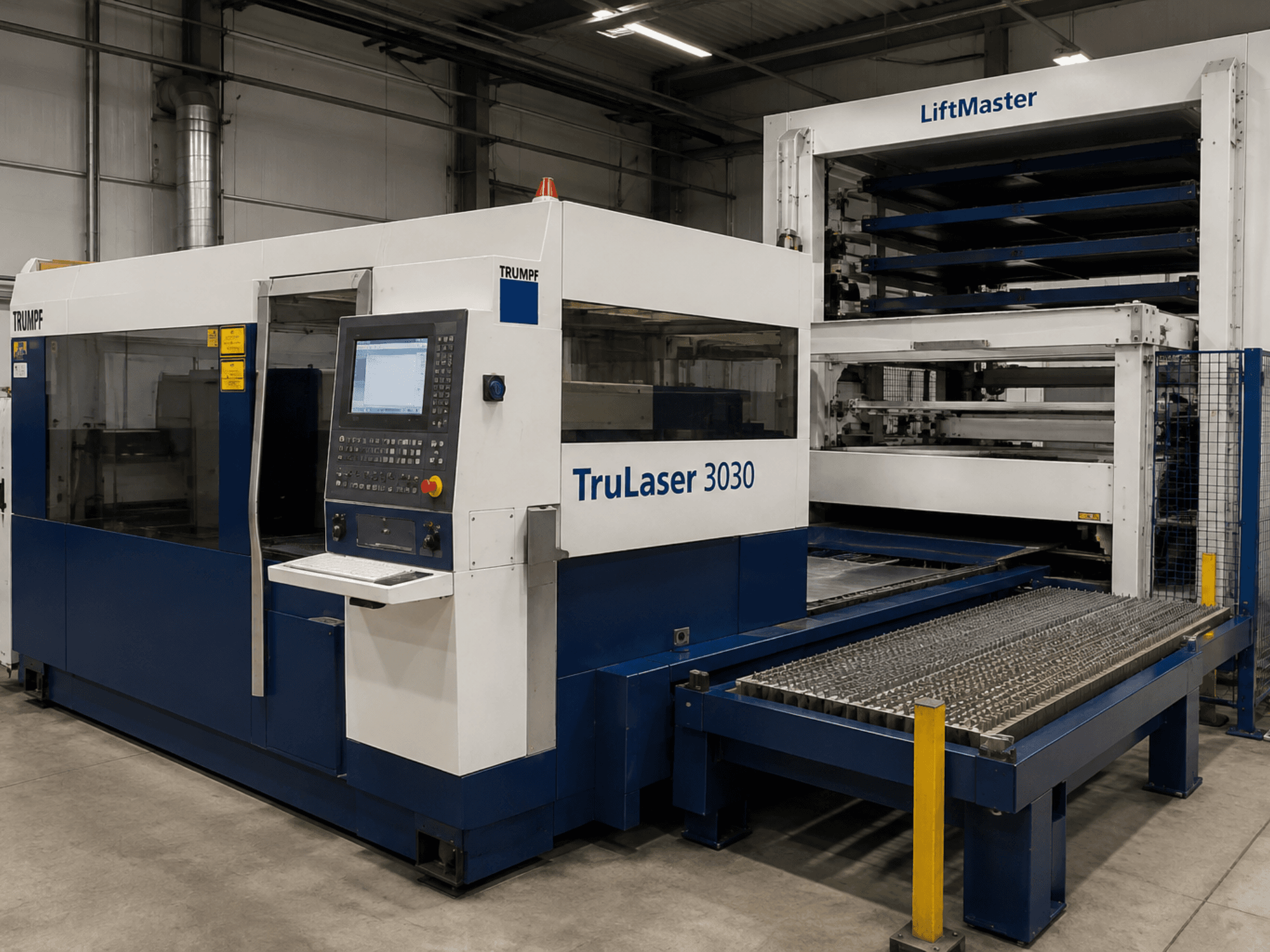 Front view of TRUMPF TruLaser 3030 CO2 laser cutting machine with LiftMaster, featuring operator panel and metal sheet table.