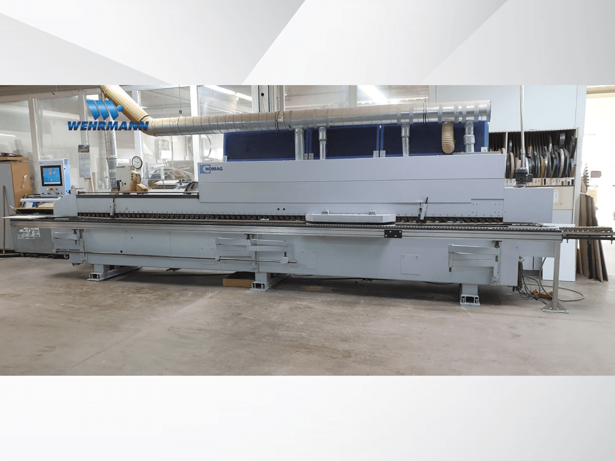 HOMAG Optimat KAL210/6/A20/S2 edgebander in side view, featuring control panel and conveyor system. Ideal for woodworking.