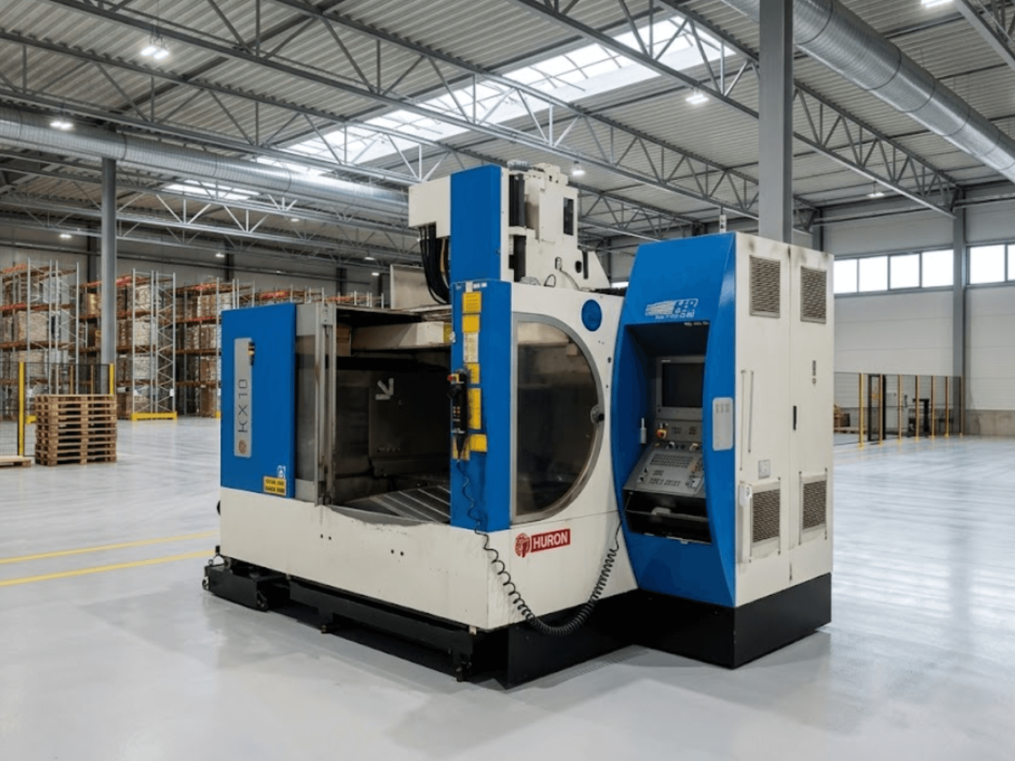 Huron KX 10 vertical machining centre in a warehouse, side view showcasing control panel and open workspace.