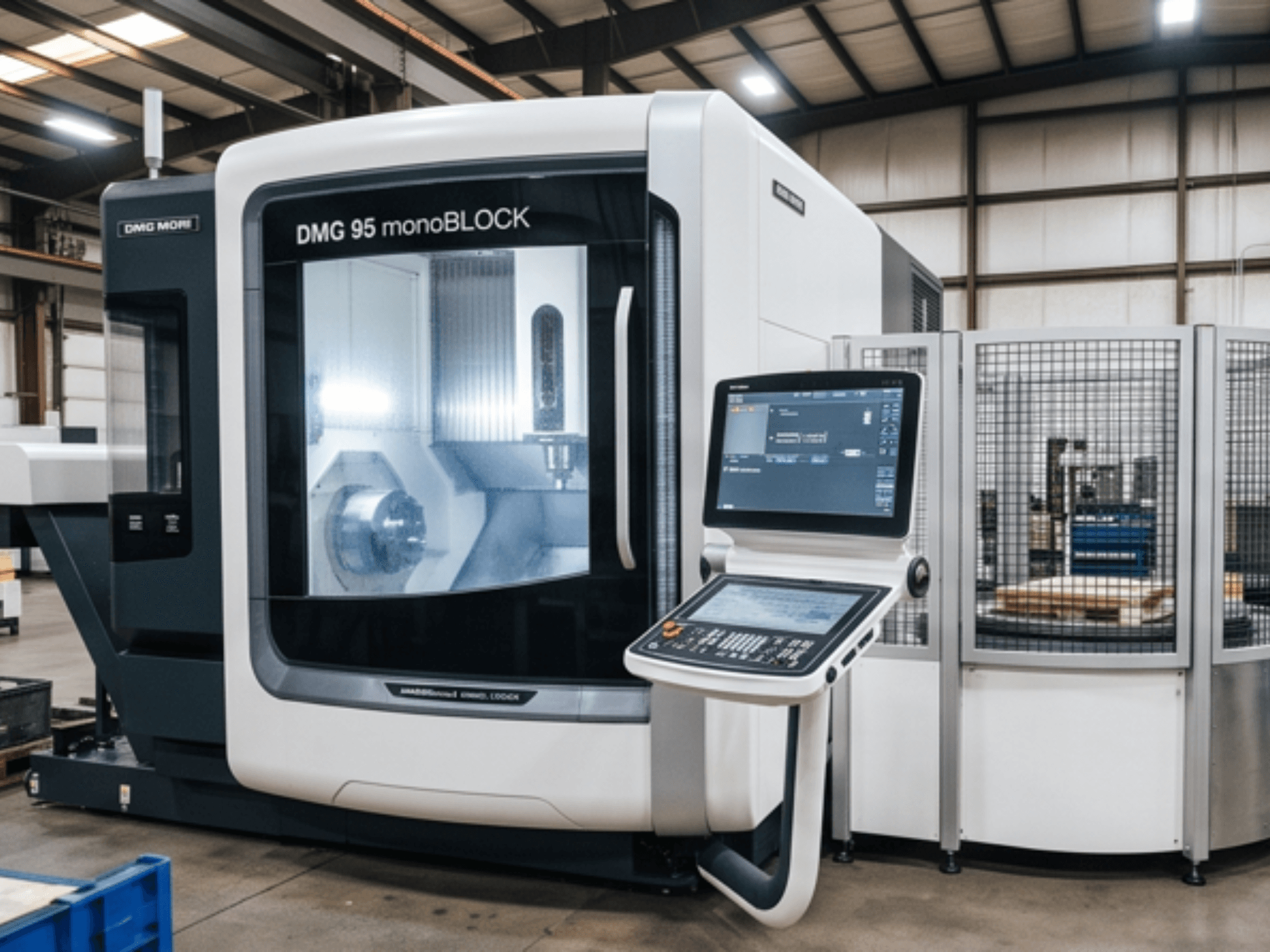 DMG MORI DMC 95 monoBLOCK vertical machining centre, front view, featuring control panel and safety enclosure.