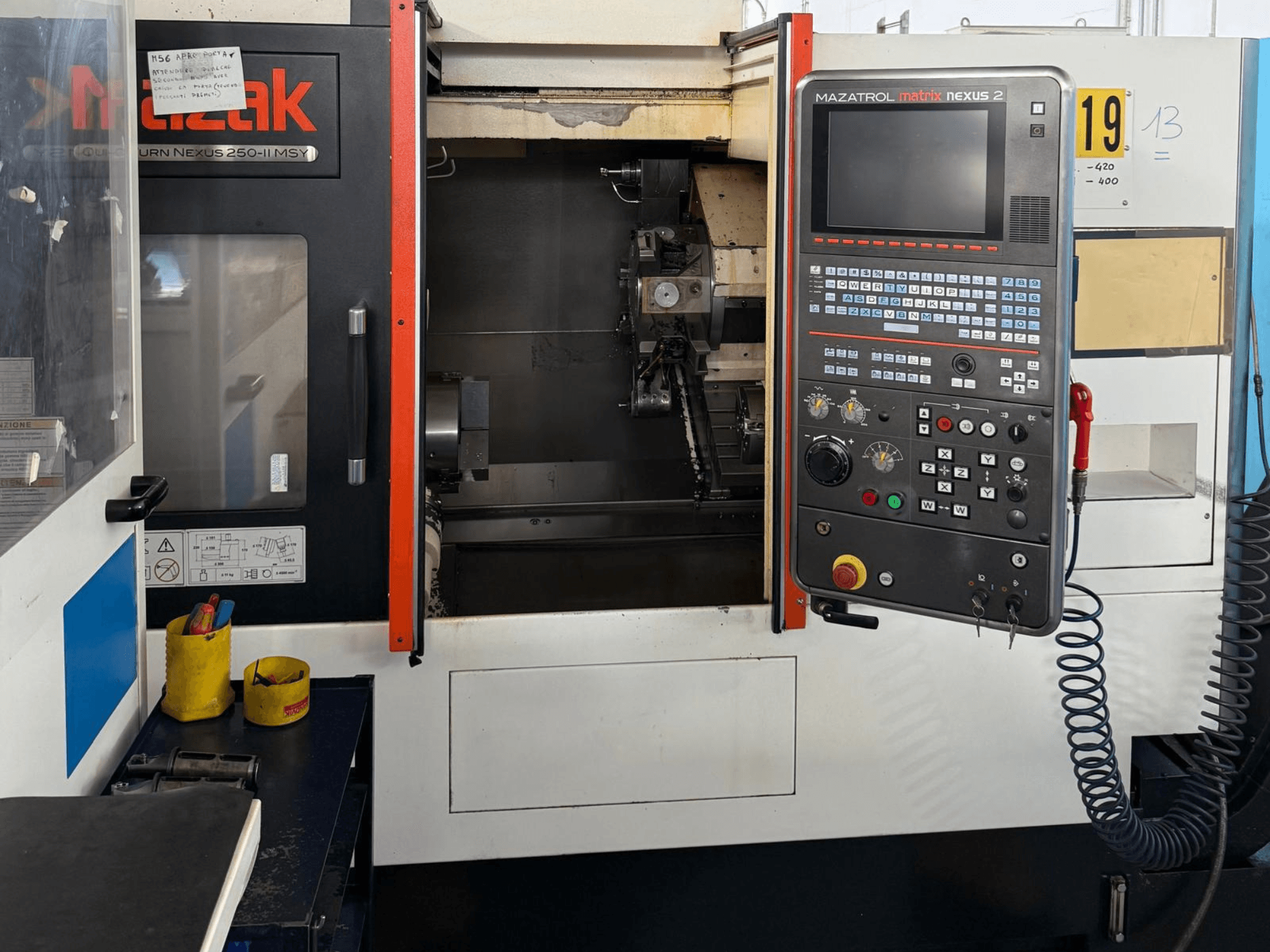 Mazak QTN 250 II MSY horizontal turning machine front view, featuring MAZATROL Matrix Nexus 2 control panel and machine components.