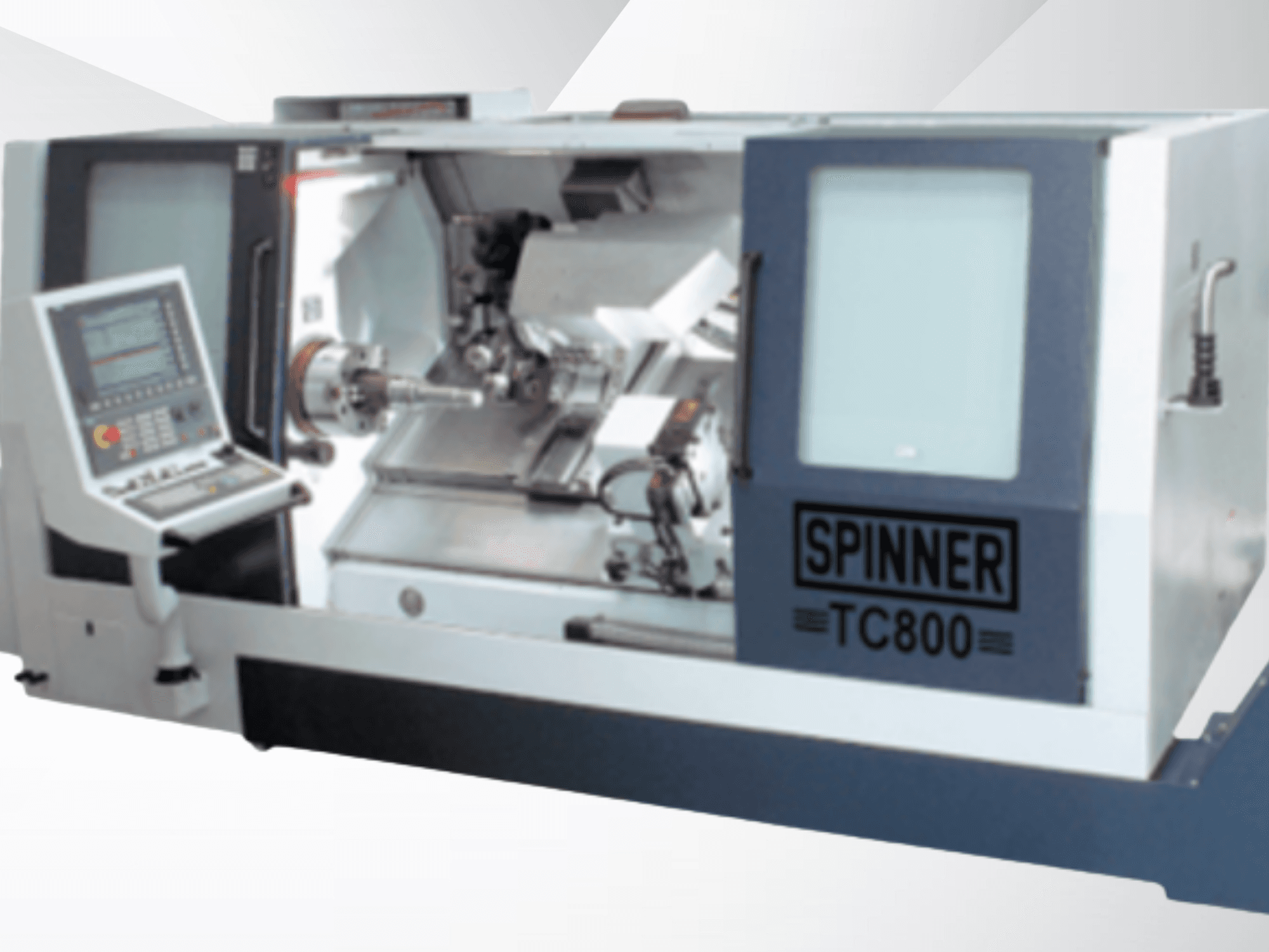 SPINNER TC800 110MCY Turn-Mill Centre, front view showcasing control panel and machine interior with spindle and cutting tools.
