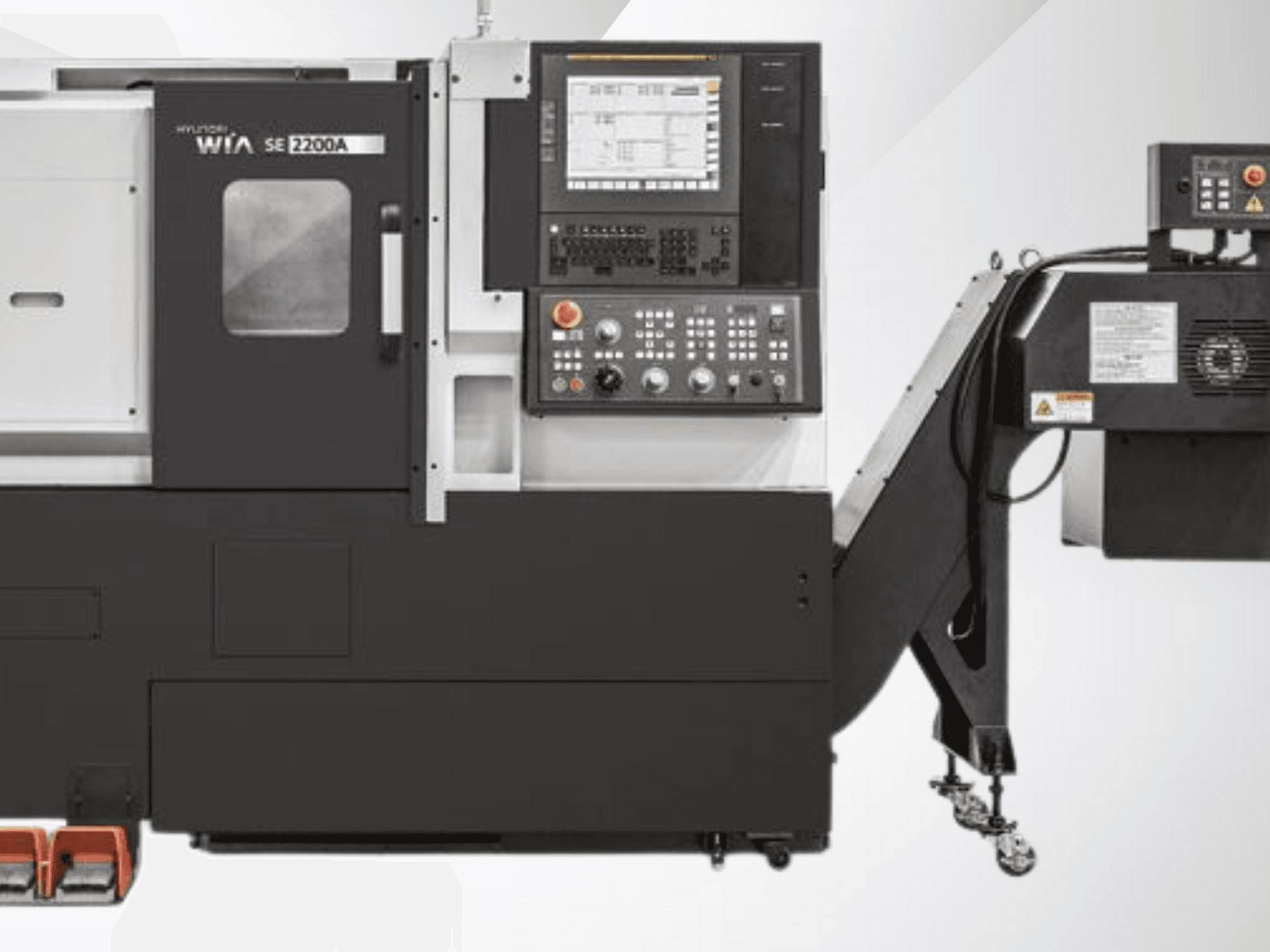 Hyundai WIA SE 2200A CNC lathe, front view, features control panel and spindle motor, designed for precision machining.