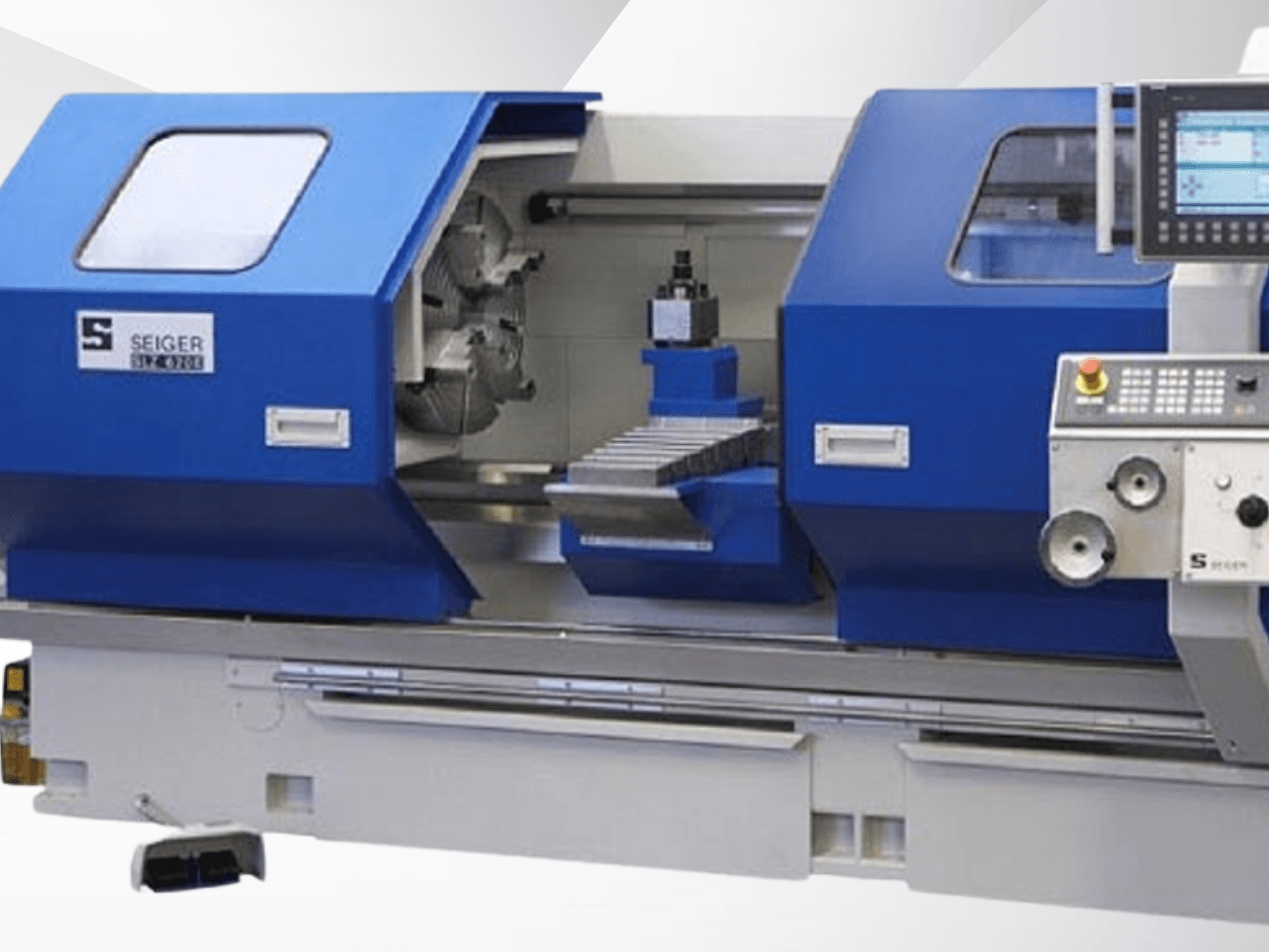 SEIGER SLZ 500E horizontal turning machine, front view showcasing control panel, spindle, and work area features.