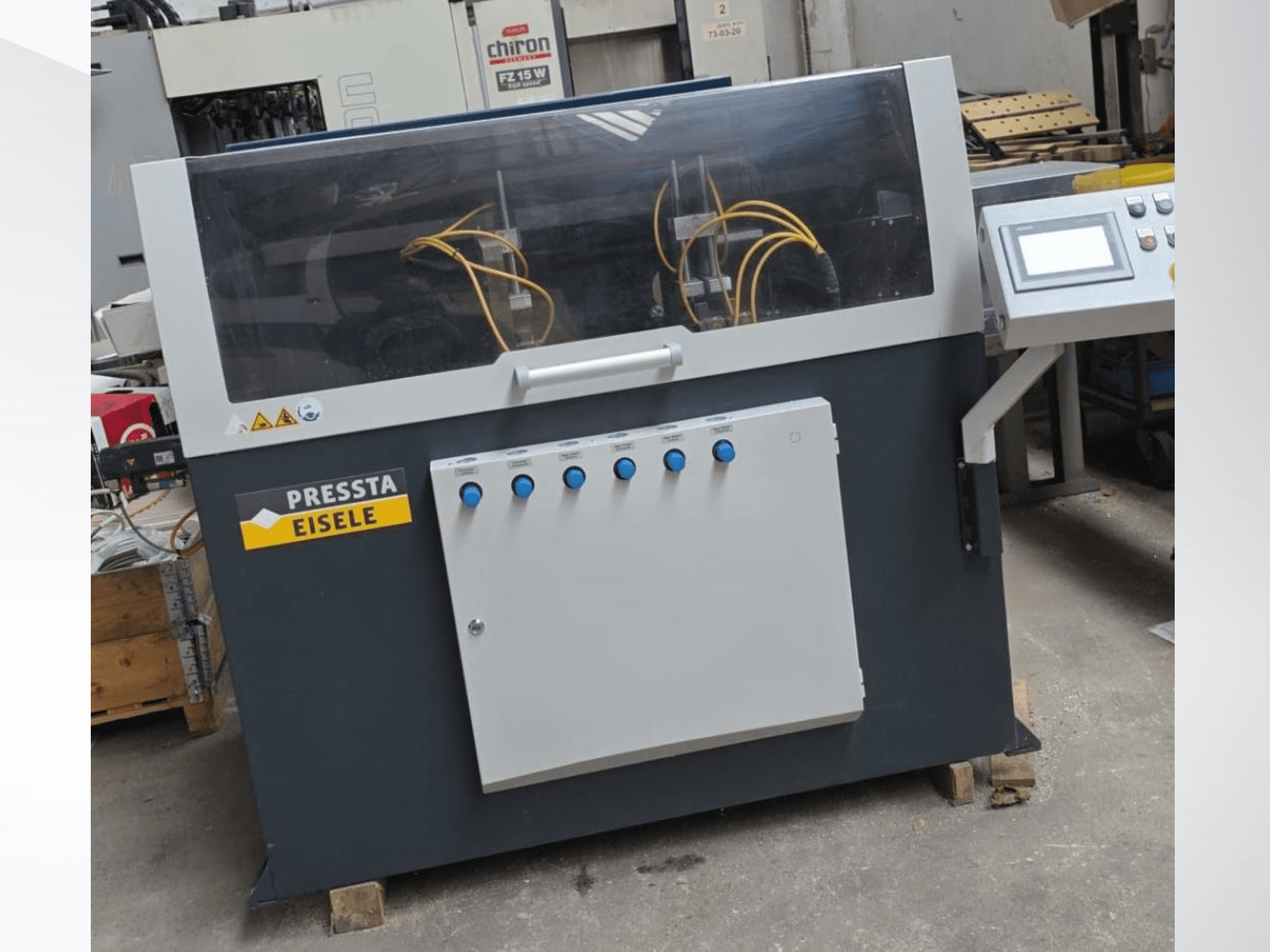 Circular metal saw by PRESSTA EISELE, model PROFILMA 502, front view displaying control panel and see-through cover.