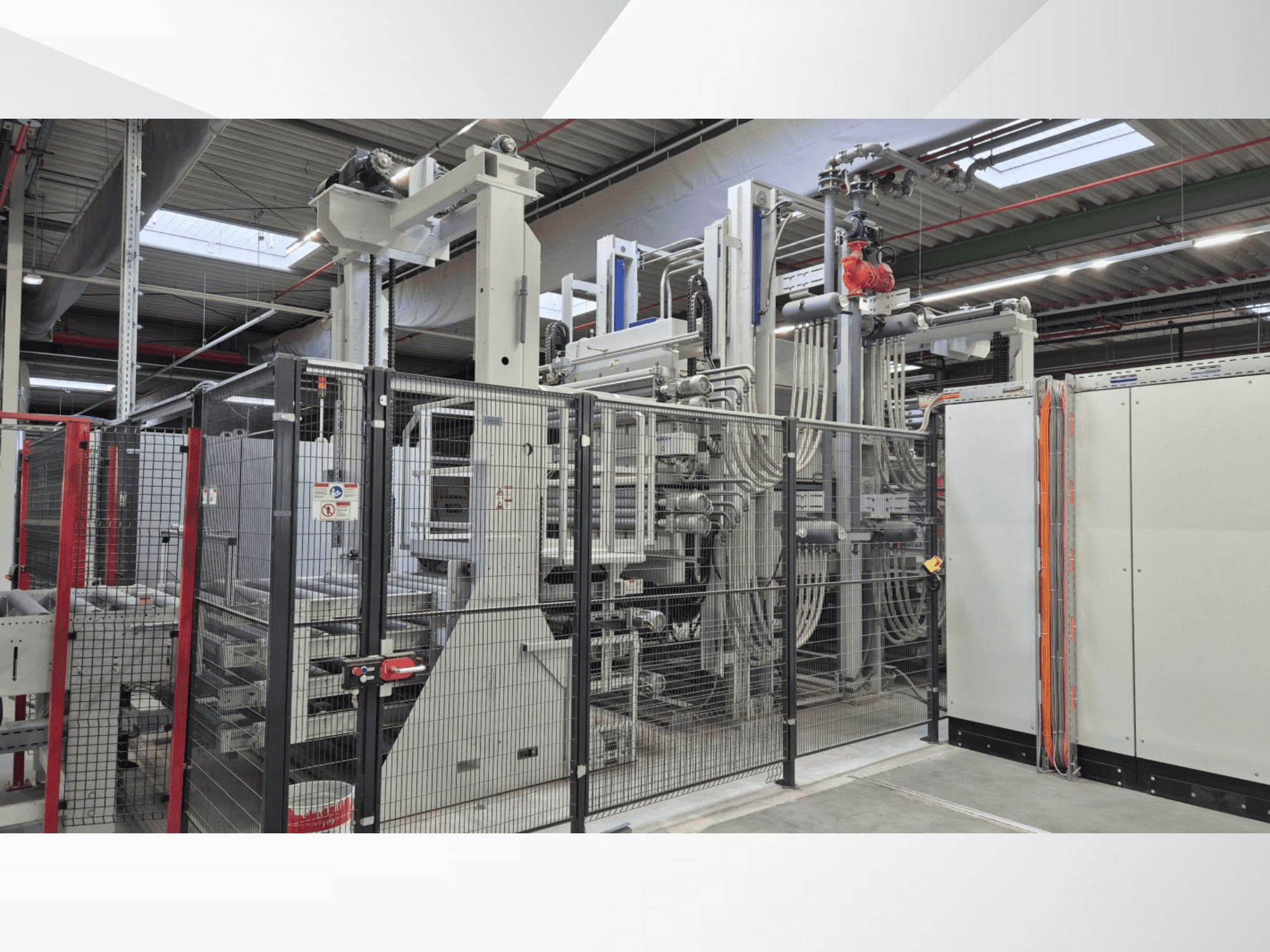 Front view of BURKLE Optima 1428/50 complete production line, featuring monitoring panels and machinery for wood processing.