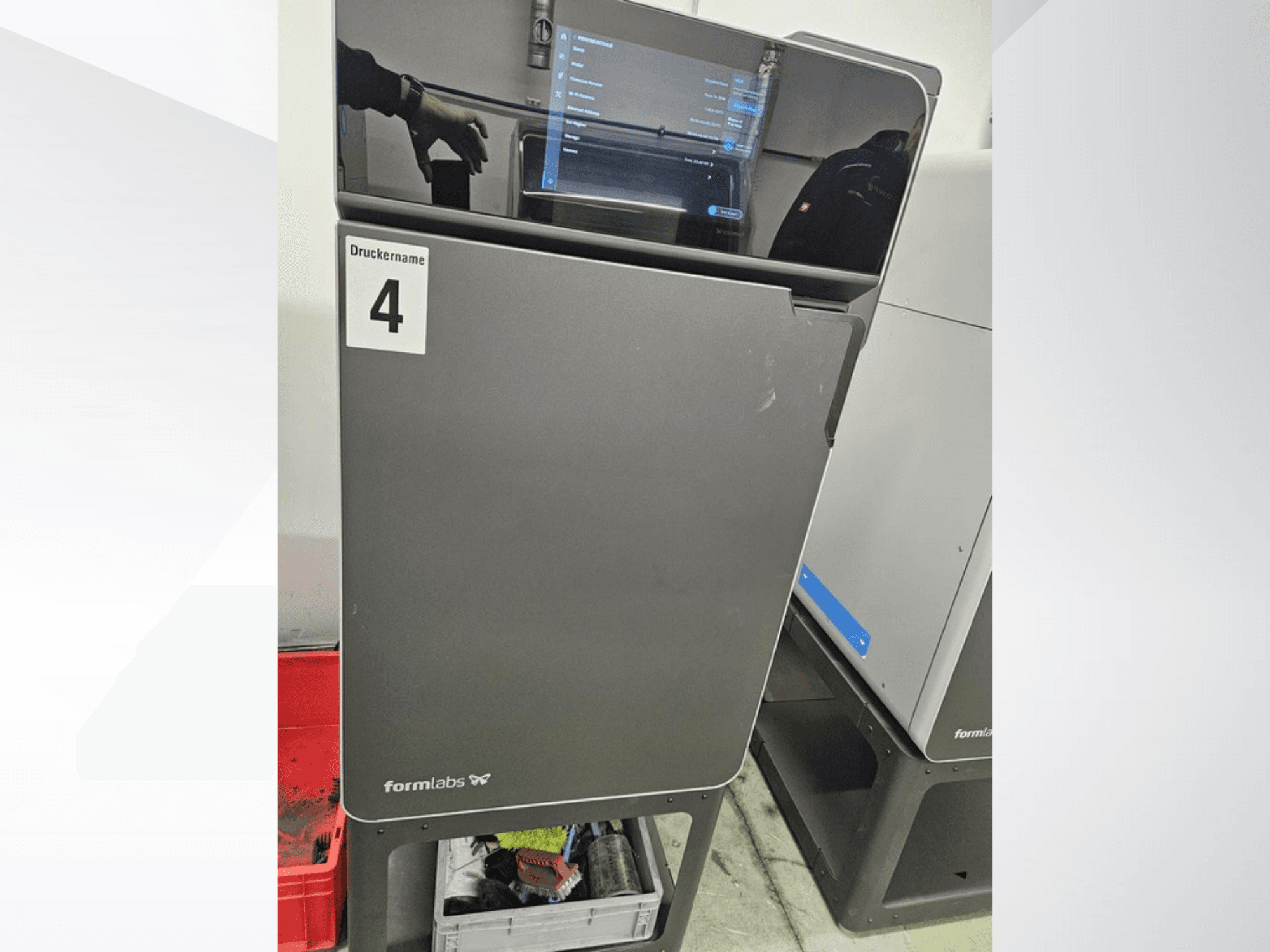 FORMLABS Fuse 1+ 30W plastic 3D printer, front view, displaying touchscreen and label "Druckname 4."