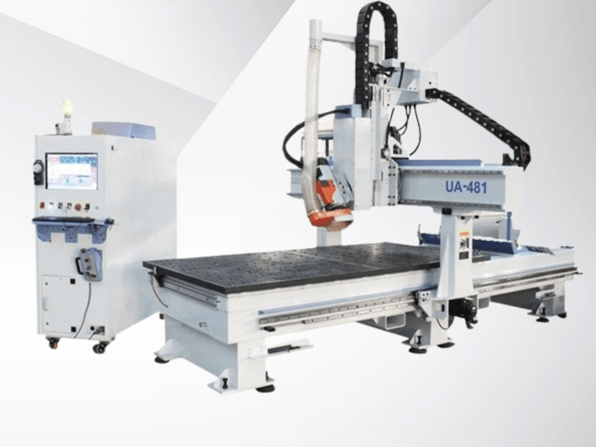 UA-481 CNC machine and control panel, side view, highlighting a large worktable and precision cutting head.