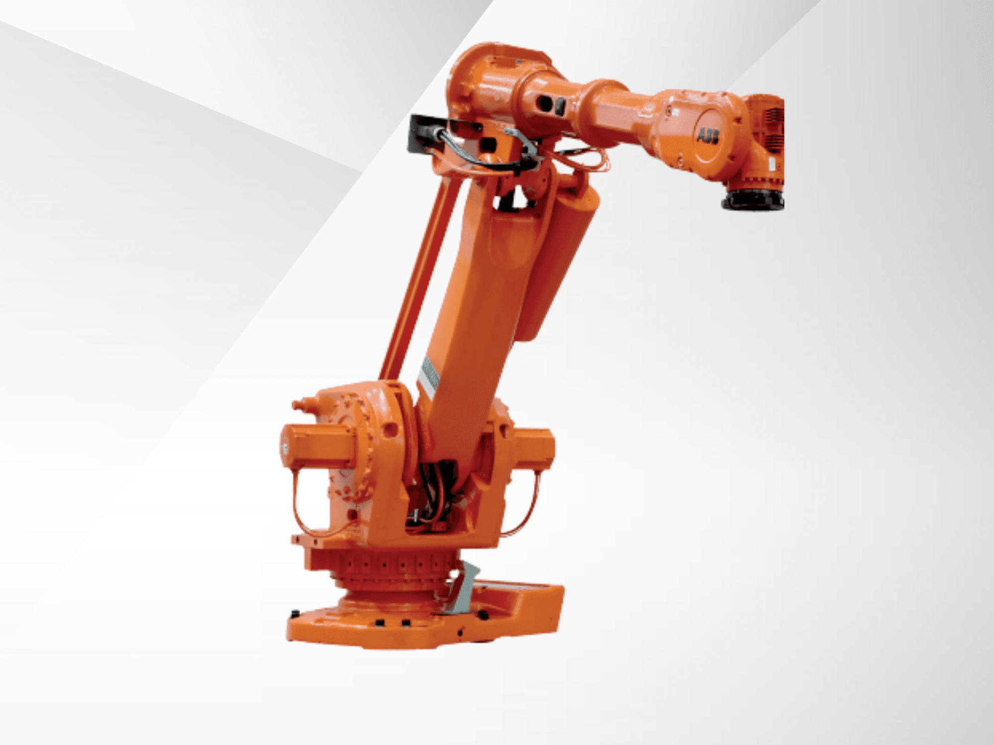 ABB IRB 6650S-90/3.9 robot arm in orange, side view, showcasing joints and base for industrial automation.