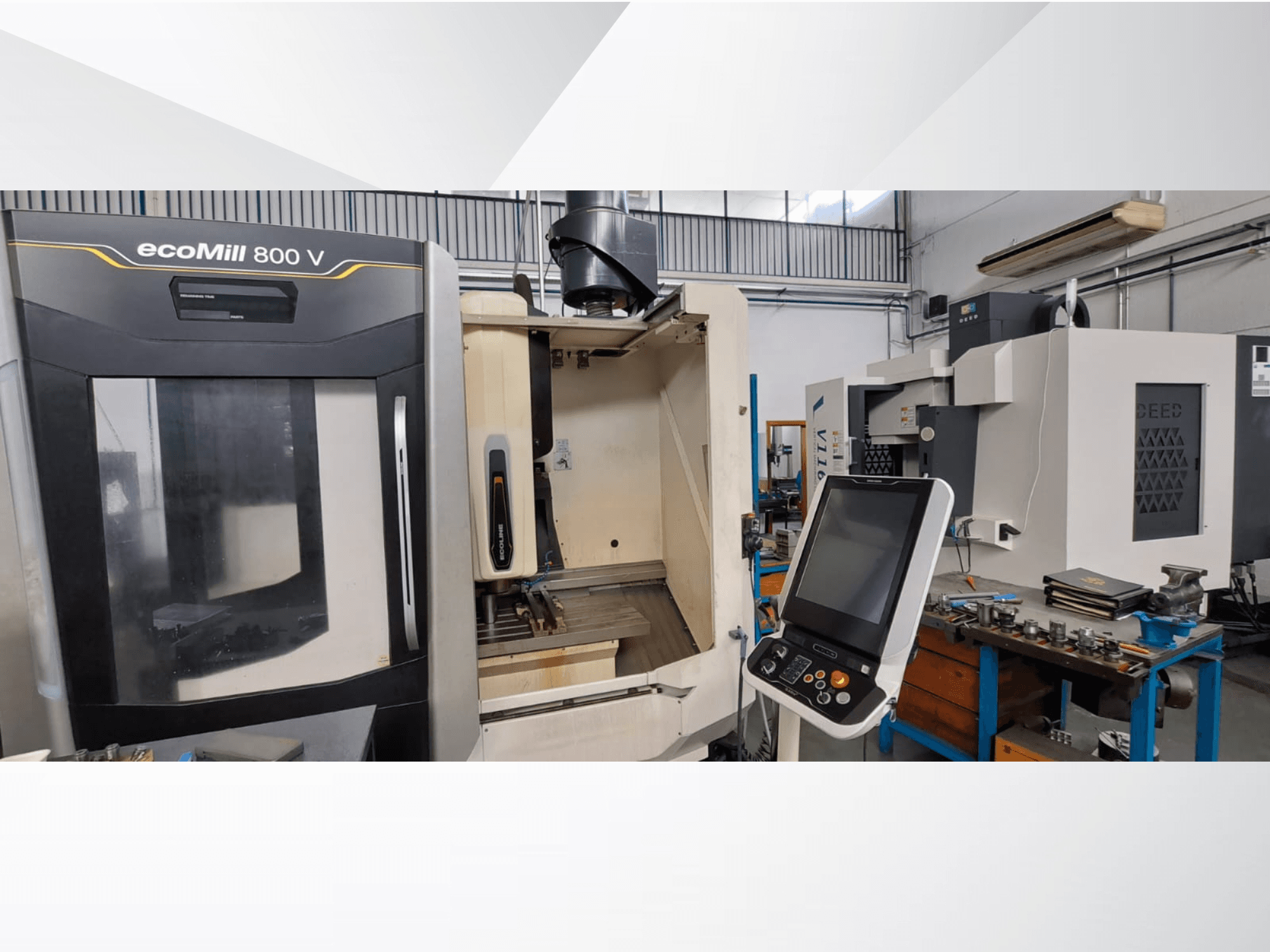 Front view of DMG ecoMill 800V vertical machining centre, featuring a control panel and open machining area.