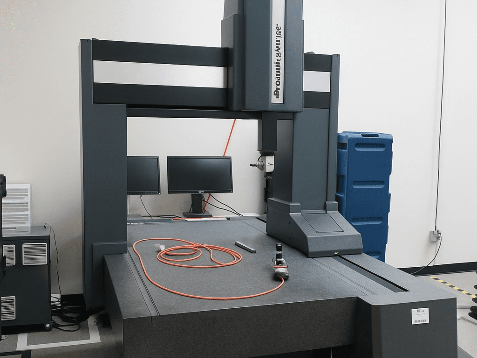 Brooks Automation coordinate measuring machine with two monitors, front view, features a grey tabletop and measurement tools.