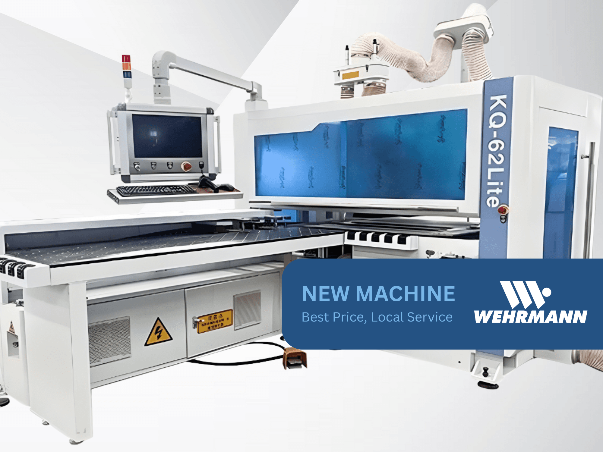 Wehrmann KQ-62Lite CNC machine, front view, featuring a digital display, control panel, and conveyor belt with safety warning signs.