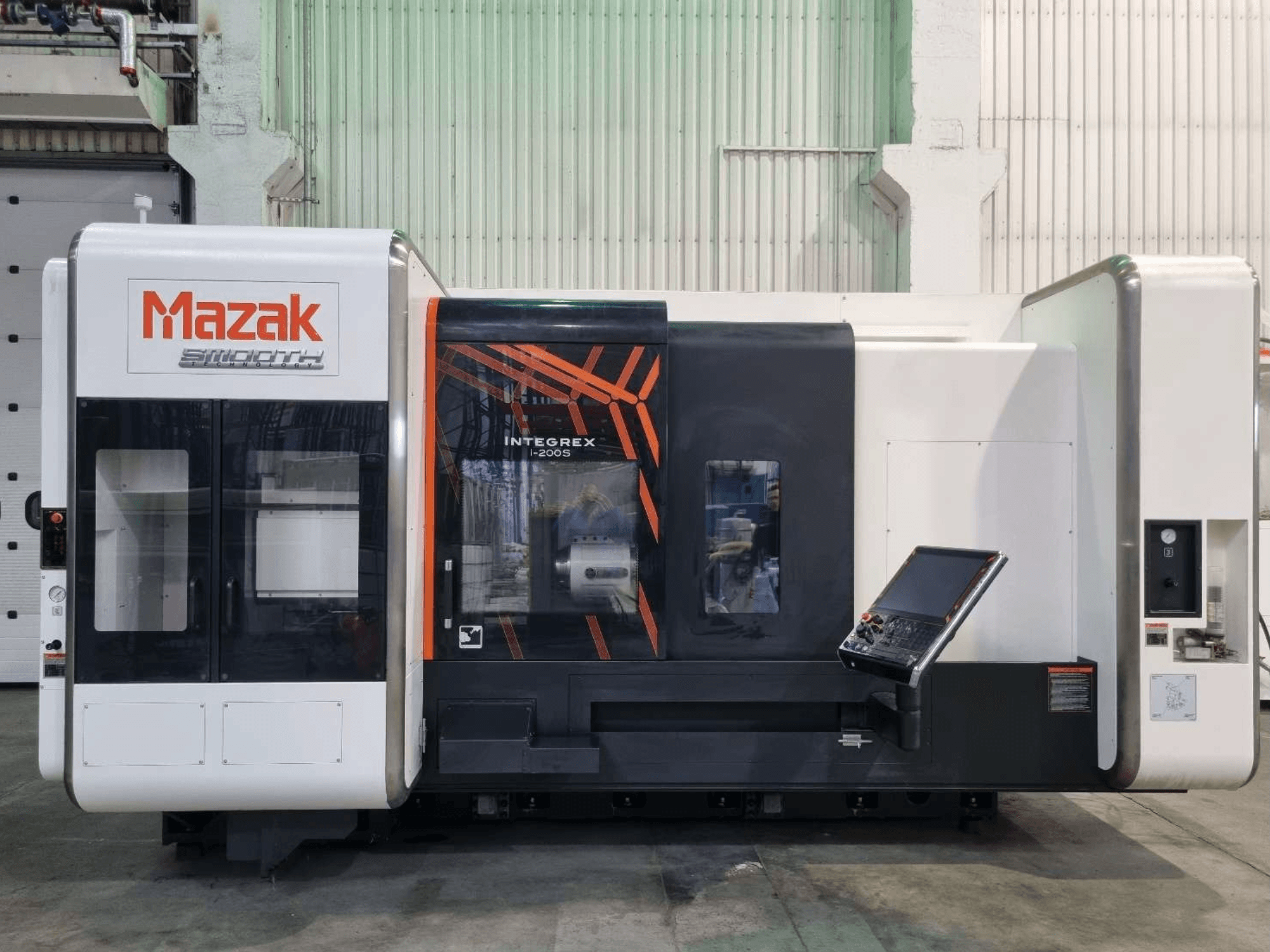 Mazak INTEGREX i-200 S turn-mill centre, front view, featuring control panel and large window for visibility into the machining area.