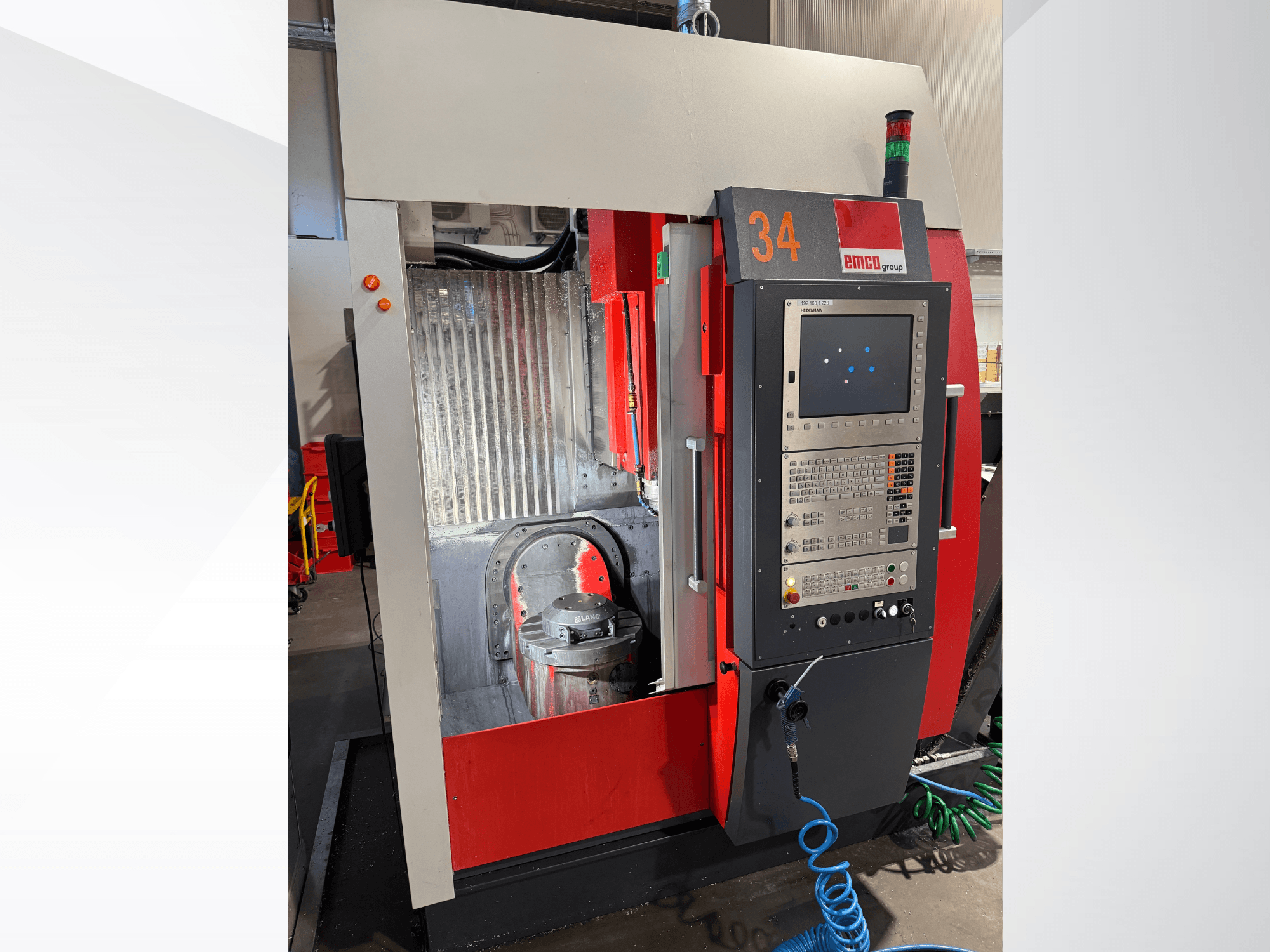EMCO MAXXMILL 350 vertical machining centre front view, featuring a control panel and visible milling head detail.
