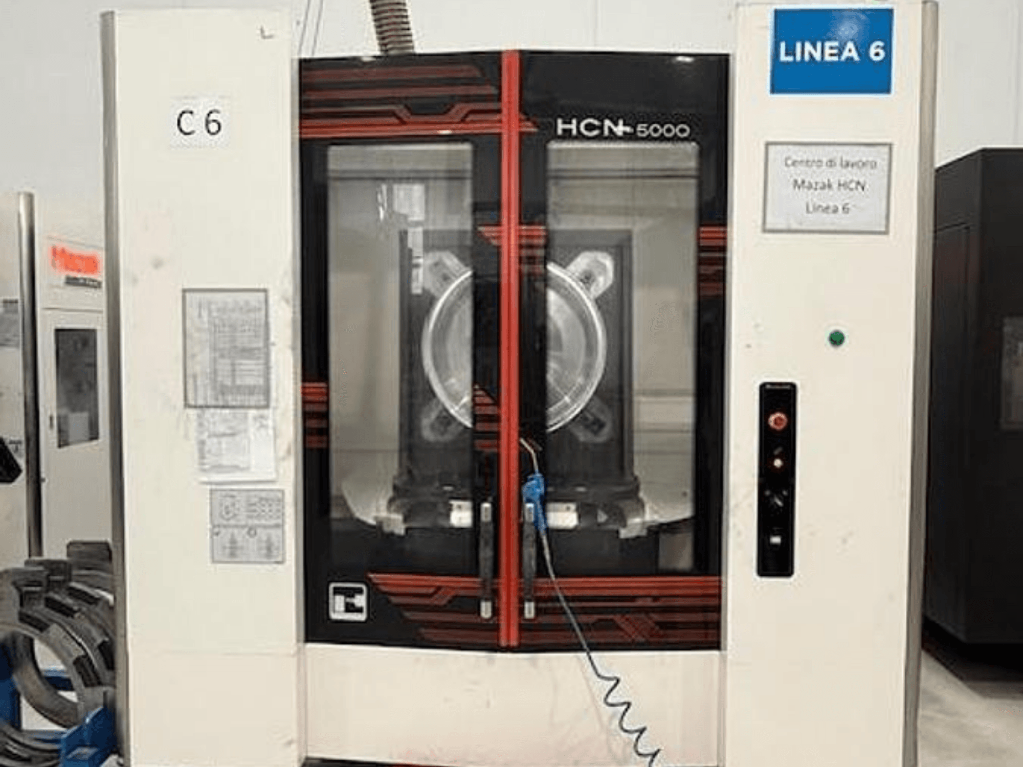 Mazak HCN-5000 horizontal machining center, front view showing control panel, large spindle area, and workspace details.