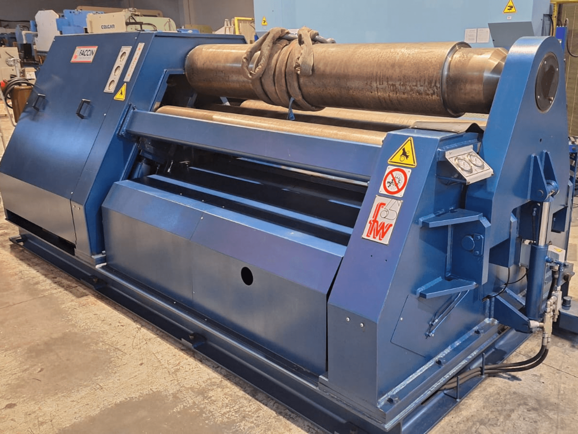 FACCIN 4HEL 2134 roll bending machine in blue, front view, displaying control panel and rolled metal cylinder on top.