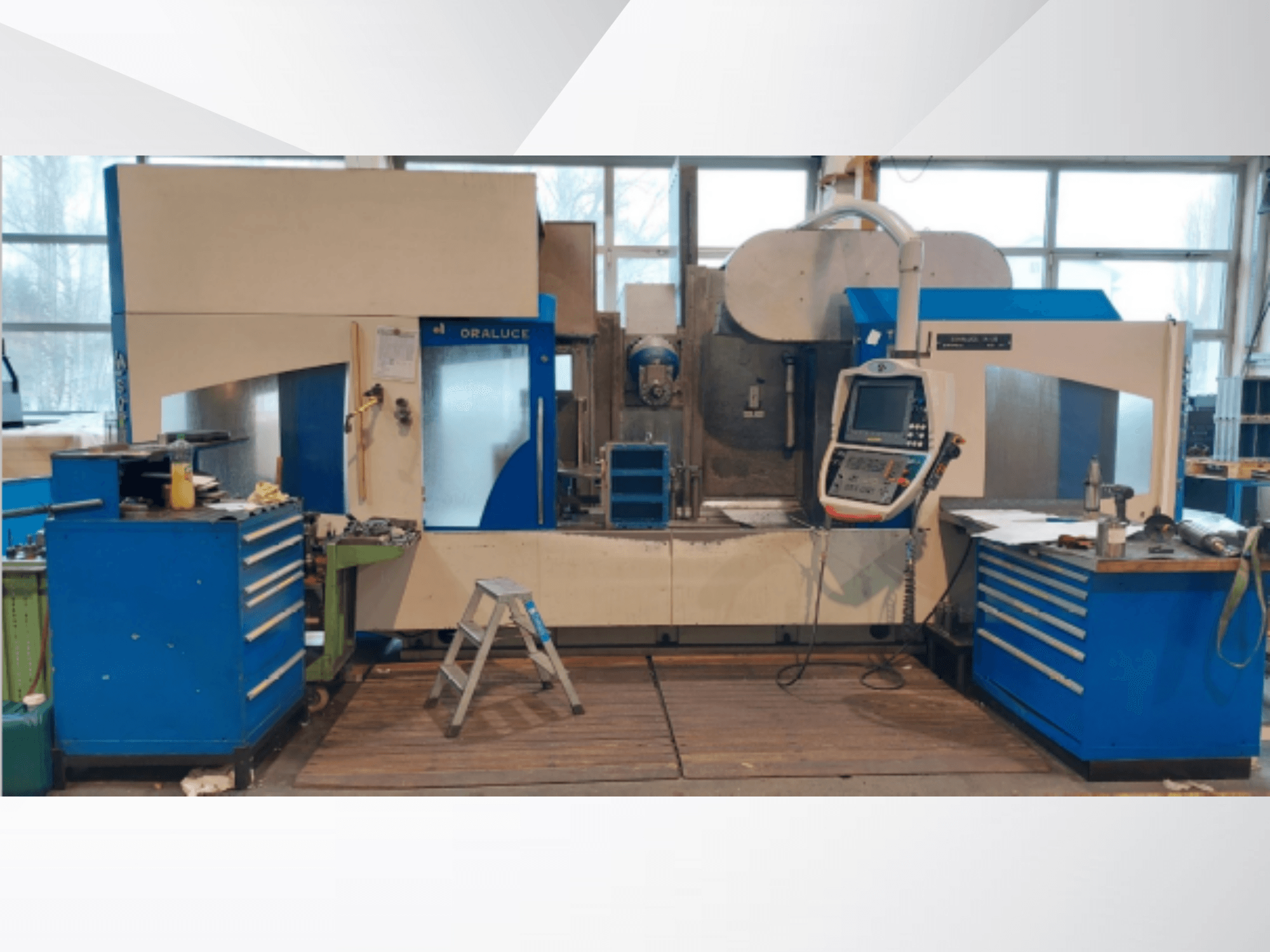 Soraluce TA-A20 bed type milling machine in side view, featuring control panel and tool storage, in a workshop setting.