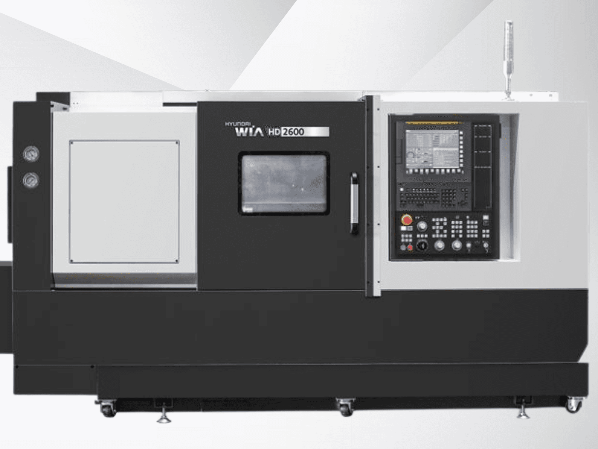 Hyundai WIA HD2600 CNC lathe, front view, showcasing control panel with buttons, screen, and tool compartment.