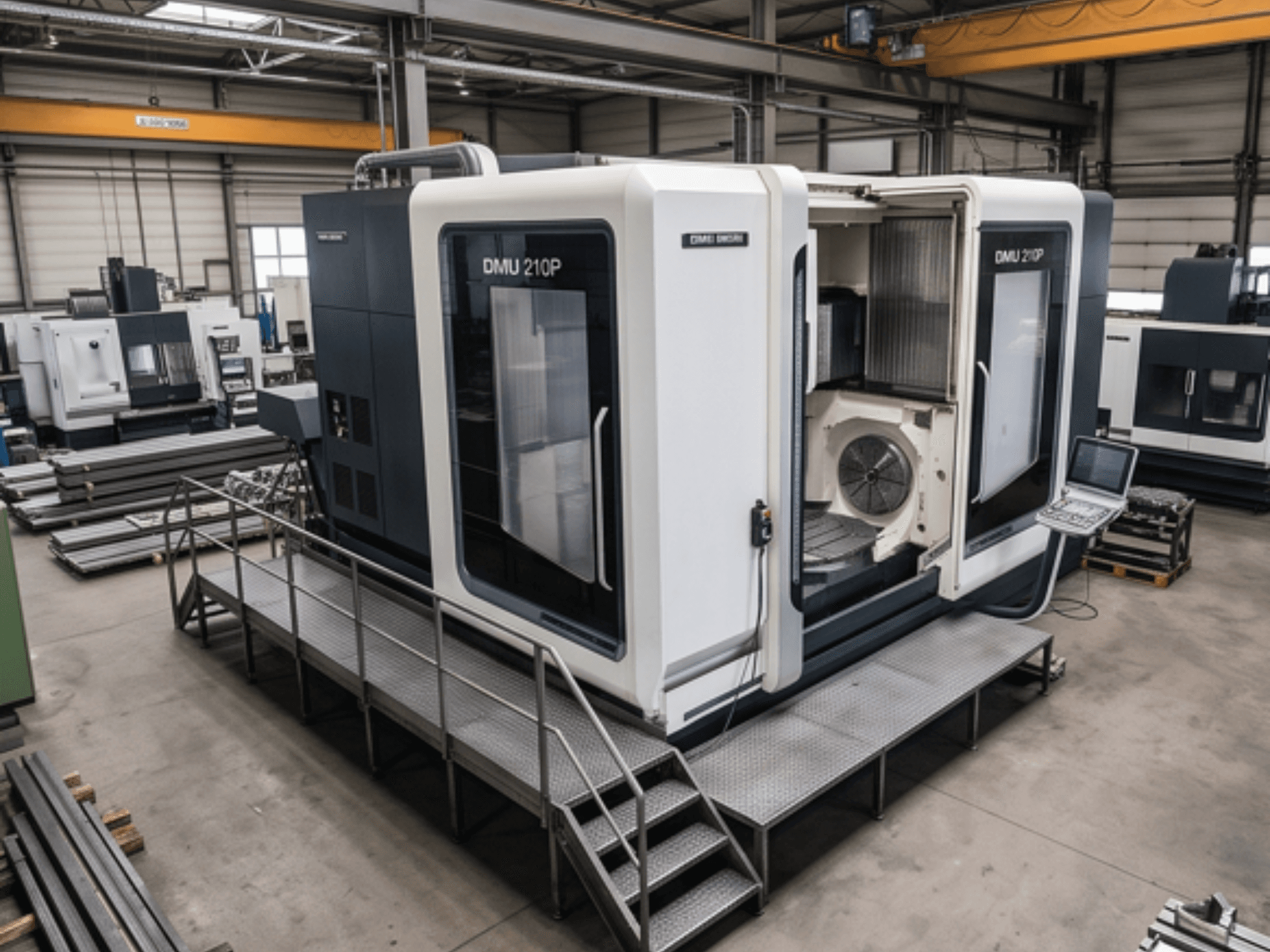 DMG MORI DMU 210P Universal Machining Centre in a workshop, side view showing control panel and access platform.